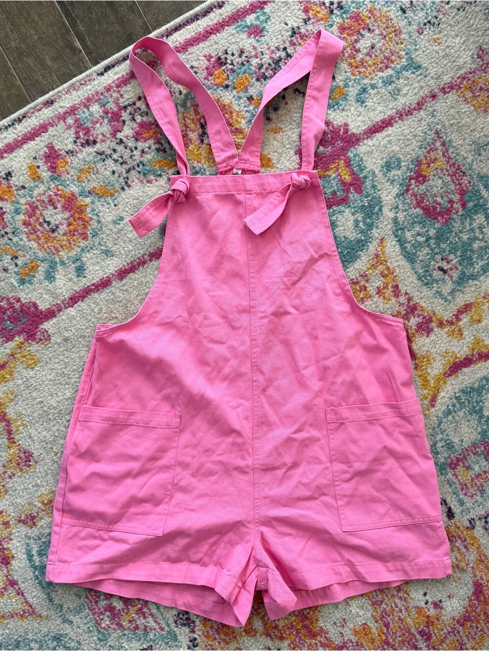 Pink Tie-Shoulder Cotton Short Overalls Romper